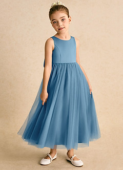 Azazie Solia Flower Girl Dresses Steel Blue Ball-Gown Bow Tulle Dress image4