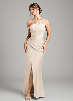 Azazie Madelyn Vestidos de damas de honor Vestido de Alabastro Blanco de Satén Elástico de Corte Sirena Convertible con Hombro unilateral image1