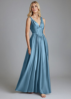 Azazie Delmie Abiti da Damigella Abito A-Line in Raso Elasticizzato Corsetto Blu Acciaio image5