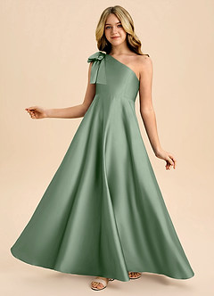 Azazie Penguin Junior Matcha A-Line Bow Stretch Satin Dress image1