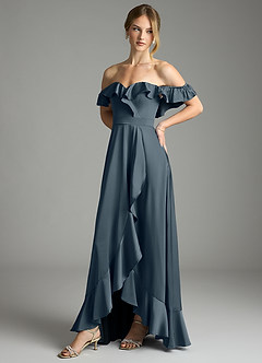 Azazie Lyra Robes de demoiselle d'honneur Robe Trapèze Convertible en Satin extensible Épaules dénudées Violet Crépusculaire image7