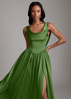 Azazie Novi Robes de demoiselle d'honneur Robe Trapèze en Satin extensible Avec poches Basilic image3