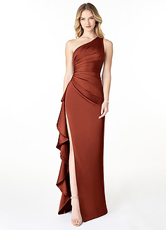 Azazie Latrice Bridesmaid Dresses Terracotta Sheath One Shoulder Cascading Ruffles Stretch Satin Dress image1