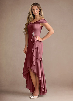 Azazie Billings Mother of the Bride Dresses Desert Rose Mermaid Off the Shoulder Stretch Satin Dress image2