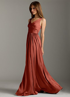 Azazie Keyla Robes de demoiselle d'honneur Robe Trapèze en Satin extensible Plissée Terracotta image7