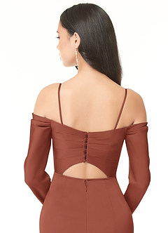 Azazie Hallie Vestidos de damas de honor Vestido de Castaño de Satén Elástico de Corte Recto Convertible con Manga larga con hombros descubiertos image8