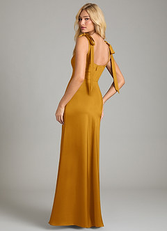 Azazie Frostine Bridesmaid Dresses Butterscotch A-Line Bow Stretch Satin Dress image2