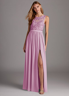 Azazie Elly Robes de demoiselle d'honneur Robe Trapèze en Mousseline de soie Encolure dégagée en dentelle Rose Bonbon image3