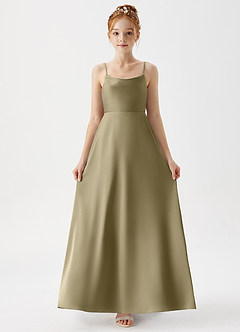 Azazie Shale Junior Robe Trapèze en Satin extensible Vert Mousse image5
