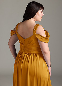 Azazie Lianne Bridesmaid Dresses Butterscotch A-Line Off the Shoulder Stretch Satin Dress image15