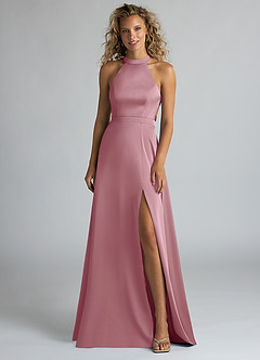 Azazie Clarice Bridesmaid Dresses Vintage Mauve A-Line High Neck Stretch Satin Dress image4
