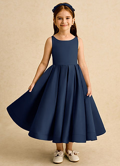 Azazie Babs Blumenmädchenkleider Ballkleid Plissee Matte Satin Kleid Dunkelmarine image2