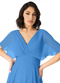 Azazie Pamela Vestidos de damas de honor Vestido de Azul Grisaceo de Gasa de Corte en A con Cuello en V plisado image4