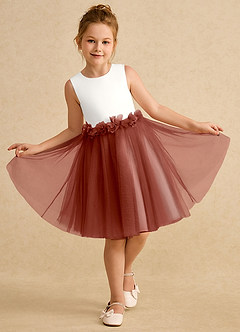 Azazie Louisa Blumenmädchenkleider A-Linie ärmellos Tüll Kleid Elfenbein Kastanienbraun image4