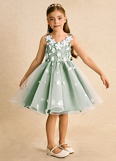 Azazie Junebug vestidos de niña de las flores Vestido de Marfil Matcha de Tul de Princesa con Encaje image6