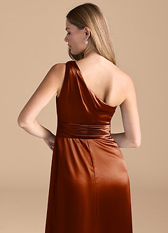Azazie Dallas Bridesmaid Dresses Auburn A-Line One Shoulder Metallic Satin Dress image7