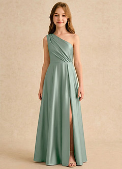 Azazie Puddles Girls Formal Jurken voor bloemenmeisjes A-lijn Jurk van Stretch Satijn One-shoulder Agave image6