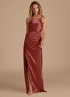 Azazie Eren Bridesmaid Dresses Terracotta Sheath One Shoulder Metallic Satin Dress image3