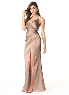 Azazie Sukia Final Sale Taupe Mermaid Pleated Metallic Satin Dress image3