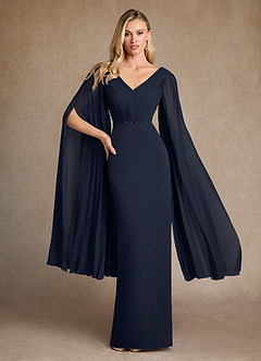Azazie Ellsworth Mother of the Bride Dresses Dark Navy Column Pleated Stretch Crepe Dress image1