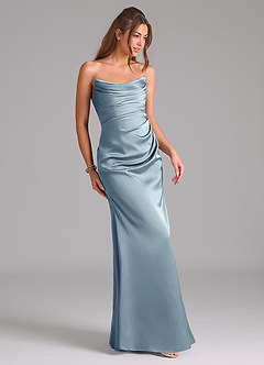 Azazie Lucille Vestidos de damas de honor Vestido de Azul Polvoriento de Satén Elástico de Corte Sirena Convertible con Sin tirantes image5