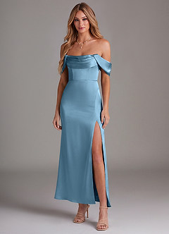 Azazie Saige Bridesmaid Dresses Steel Blue Mermaid Off the Shoulder Stretch Satin Dress image3