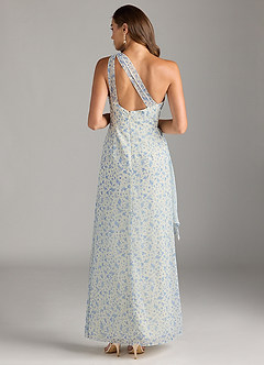 Azazie Maive Bridesmaid Dresses Blue And White Ditsy Floral Sheath Pleated Ruffle Chiffon Dress image2