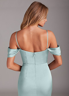 Azazie Saige Bridesmaid Dresses Mist Sheath Off the Shoulder Stretch Satin Dress image8