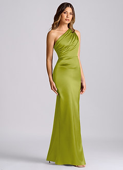 Azazie Akilah Bridesmaid Dresses Lemongrass Mermaid One Shoulder Stretch Satin Dress image3