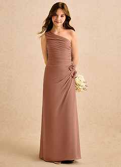 Azazie Sophie Girls Formal Robe Demoiselle D'honneur Fillette Robe Fourreau en Mousseline de soie Une épaule Bronze image5