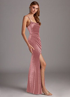 Azazie Kindness Final Sale Dusty Rose Sheath Cowl Neckline Corset Velvet Dress image4