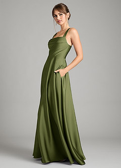 Azazie Shaude Bridesmaid Dresses Olive A-Line Pleated Stretch Satin Dress image4