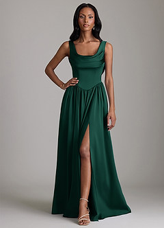 Azazie Novi Bridesmaid Dresses Emerald A-Line with Pockets Stretch Satin Dress image1