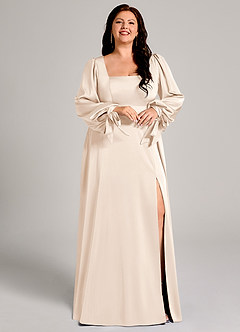Azazie Leonia Bridesmaid Dresses White Alabaster A-Line Long Sleeve Stretch Satin Dress image12