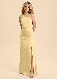Azazie Remi Junior Robe Fourreau en Satin extensible Fente Latérale Beurre image1