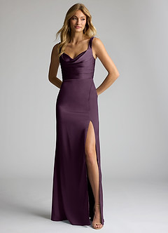 Azazie Elida Bridesmaid Dresses Plum Sheath Pleated Stretch Satin Dress image1