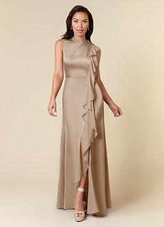 Azazie Narine Mother of the Bride Dresses Taupe A-Line High Neckline Pleated Stretch Satin Dress image3
