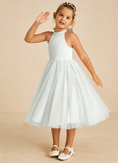 Azazie Dora Flower Girl Dresses Ivory Champagne A-Line Bow Tulle Dress image2