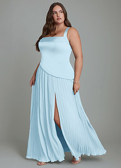 Azazie Stephanie Vestidos de damas de honor Vestido Azul Cielo de Satén Elástico de Línea A con Plisado image11