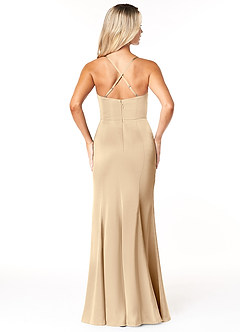 Azazie Marzia Bridesmaid Dresses Champagne Sheath Cowl Pleated Stretch Satin Dress image2