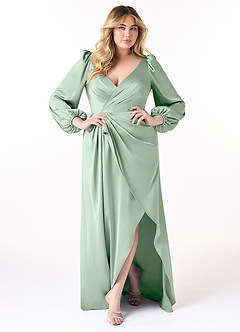 Azazie Mel Bridesmaid Dresses Agave Sheath Long Sleeve Stretch Satin Dress image7