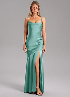 Azazie Grata Bridesmaid Dresses Aqua Sheath Side Slit Stretch Satin Dress image3