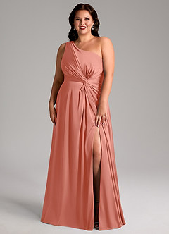 Azazie Brooke Robes de demoiselle d'honneur Robe Trapèze en Satin extensible Une épaule Rose Saumon image9