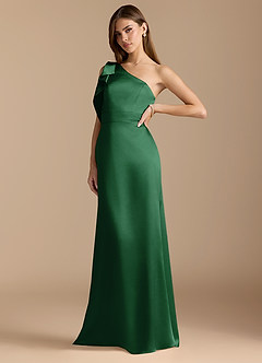 Azazie Rinna Vestidos de damas de honor Vestido de Verde Oscuro de Satén Metálico de Corte Sirena con Volante image4