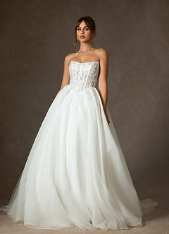 Azazie Ainsley Wedding Dresses Diamond White Ball-Gown Strapless Lace Dress image3