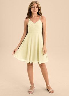 Azazie Avelina Junior Lemon Sorbet A-Line Pleated Chiffon Dress image1