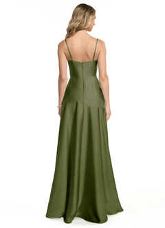 Azazie Kayla Bridesmaid Dresses Olive Sheath Side Slit Stretch Satin Dress image2
