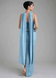 Azazie River At-home Try On Dresses Steel Blue Sheath Corset Stretch Satin Convertible Dress image14