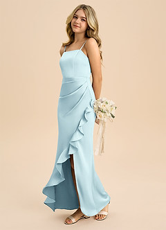 Azazie Buzzy Junior Cloud Blue Sheath Pleated Stretch Satin Dress image6