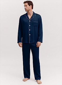 front Herre satin pyjamassæt med lange ærmer